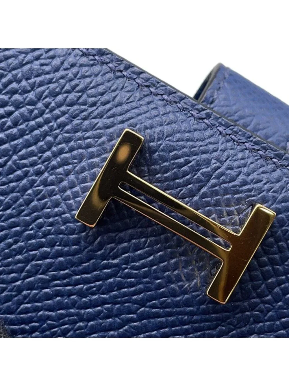 Hermes Bifold Wallet Bearn Compact Blue Navy Gold Epsom